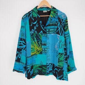 Chicos Silk Blend Jacket Womens 2 Blue Crepe Artwear Collared Lined Summer Boho